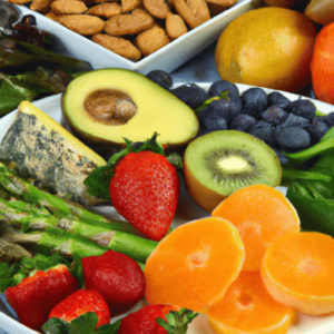 Plate filled with a variety of lectin-free foods, consisting of fresh vegetables, ripe fruits, and delicious proteins. 